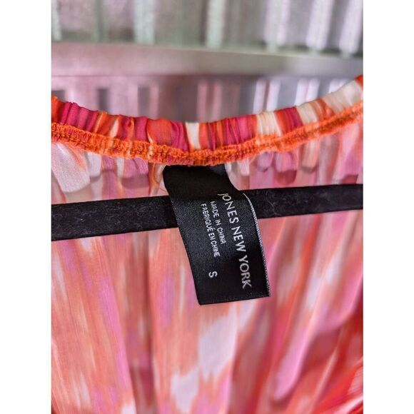JONES NEW YORK | Women's Orange/Pink/White Abstract Sheer Long Flowy Blouse Wome - Picture 3 of 6